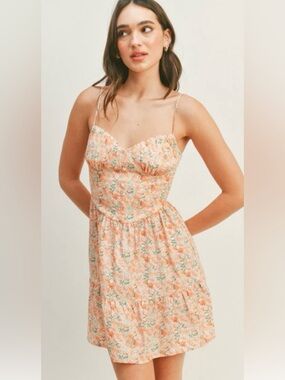 Floral flowy mini dress peach spaghetti straps size medium